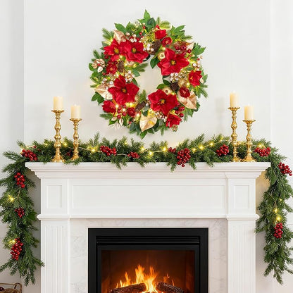 24 Inch Magnolia Christmas Wreath for Front Door, Christmas Wreath with LED Lights, Red Flowers, Red Berries, Pinecones Christmas Decorations，Winter Door Wreath for Wall Window Indoor or Outdoor