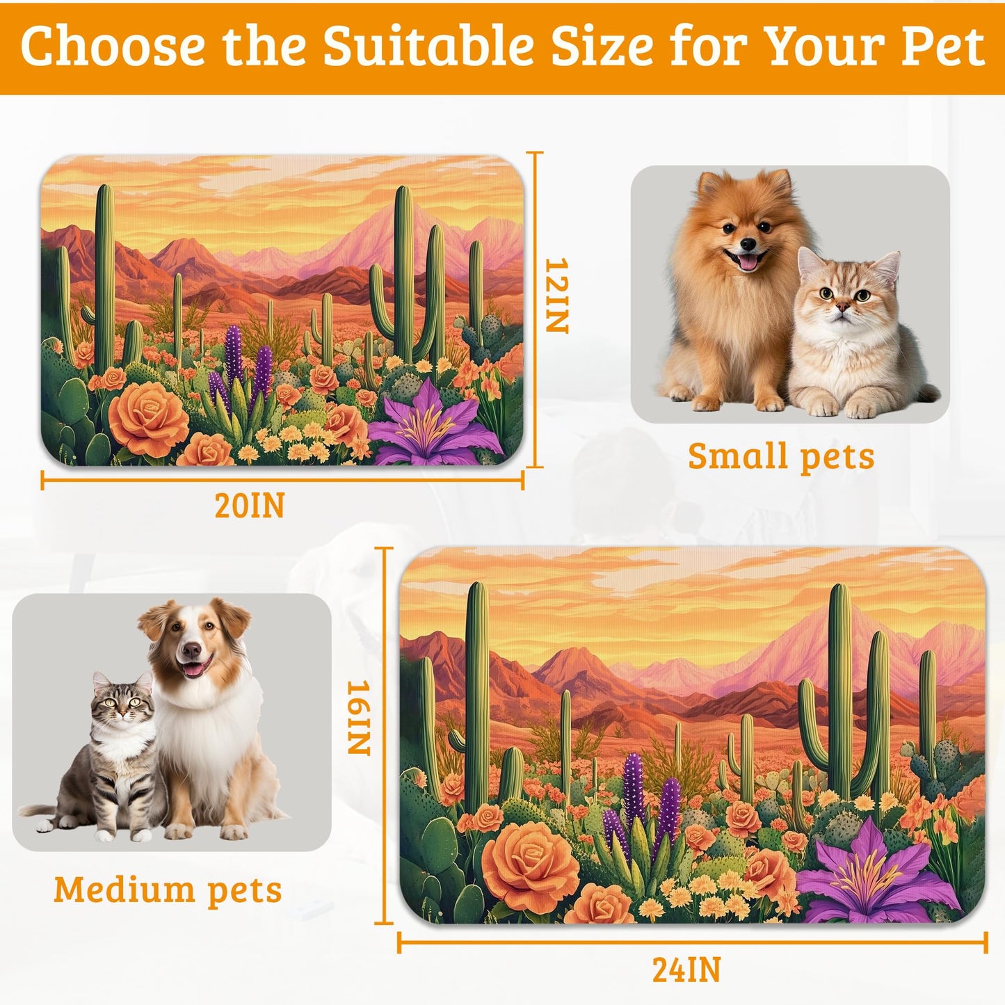 Pet Feeding Mat,Cactus Absorbent Dog Cat Food Mat Desert Dog Mat with Rubber Backing,Non-Slip Water Bowl Placemat,Pet Supplies 12" x 20"