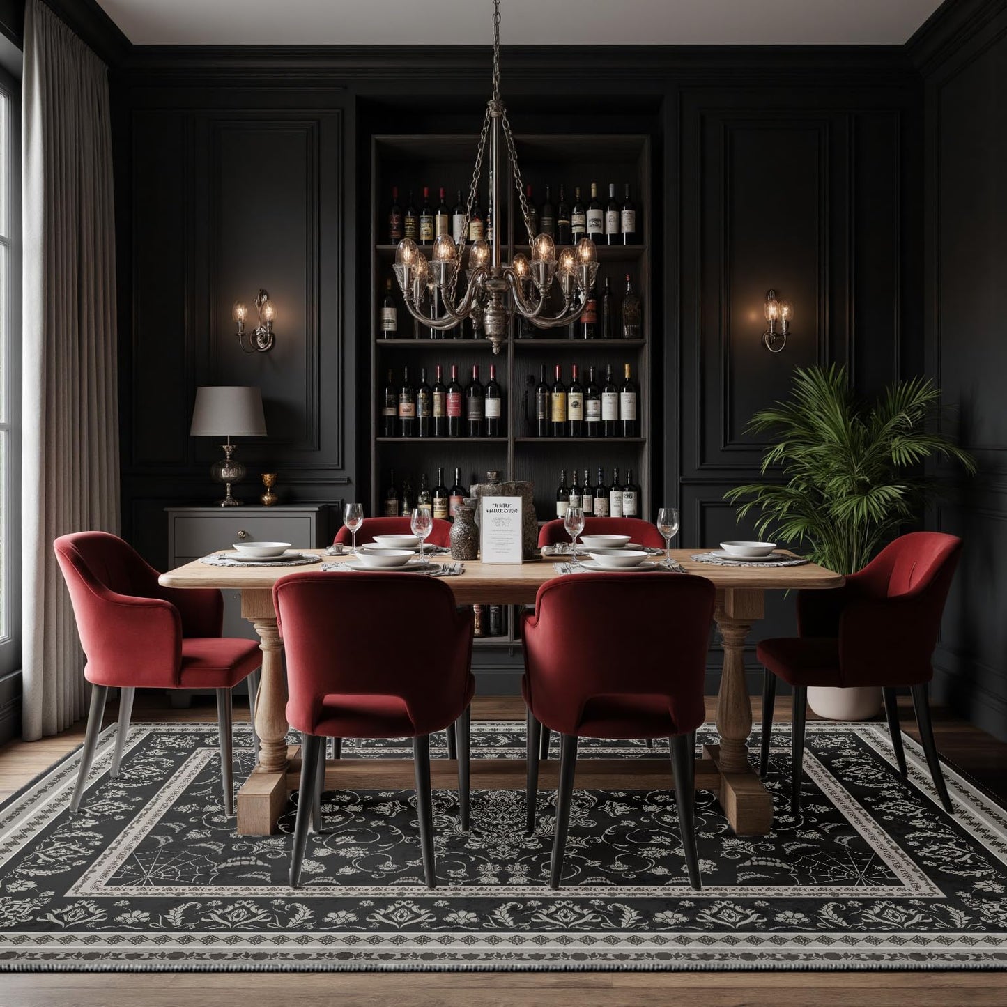 Gothic Spider & Fangs Area Rug 8x10 - Black Luxury Carpet with Intricate Web and Skull Designs, Soft Machine Washable Non-Slip Rug for Dark Academia, Vampire Themed Bedroom, Living Room.