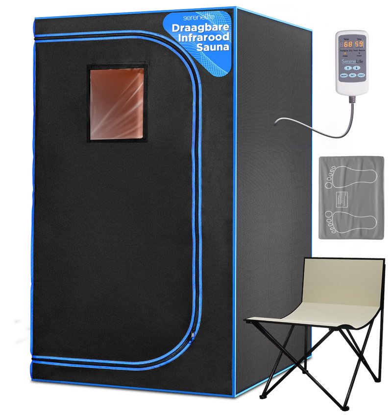 SereneLife Portable Sauna Box for Home, Infrared Sauna Tent with Heated Foot Pad and Folding Chair, Remote Control In-Home Spa, 35" x 71" - inch (Black)