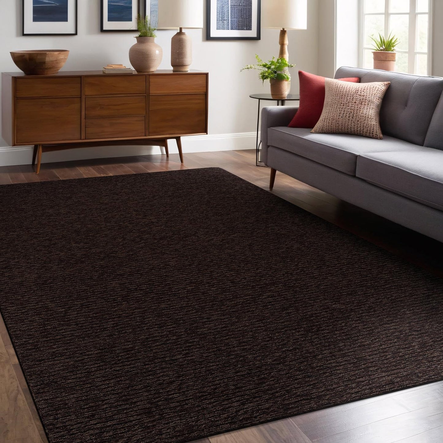 Luul Home Non Slip Brown Solid Rubber Back Thin Rug for Living Room 5x7 Area Rugs for Kitchen, Rugs for Bedroom, Stain Resistant Easy Cleaning Non Shedding Carpet Brown 5 x 7