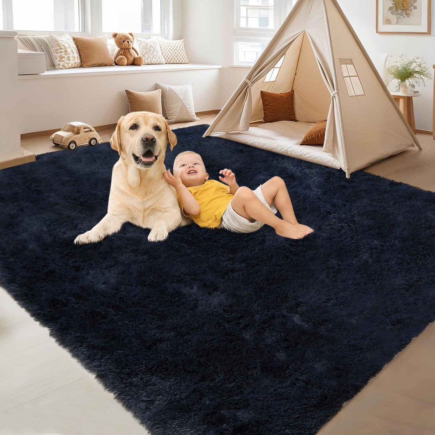 Garvee 8'x10' Oversized Fluffy Area Rug, Tie-Dye Luxury Shag Carpet for Living Room, Large Fuzzy Plush Rug for Basement & Family Room, Non-Slip, Bedroom Decor, Dark Navy
