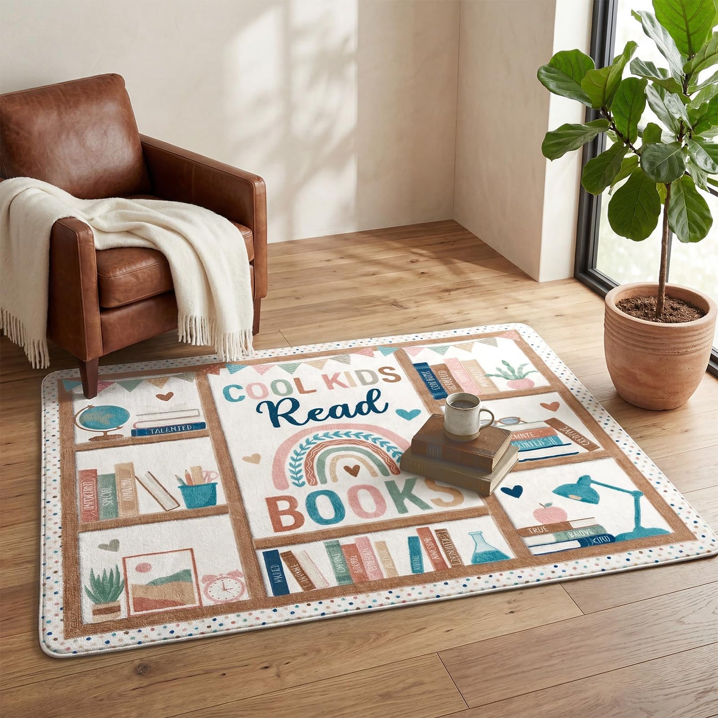 Klyyo Clyro 3.3 x 3.9 ft Boho Classroom Rug Library Reading Rug Calming Corner Mat Bookshelf Mental Health Area Washable Non Slip Soft Fluffy Carpet for School Bedroom Living Room Playroom