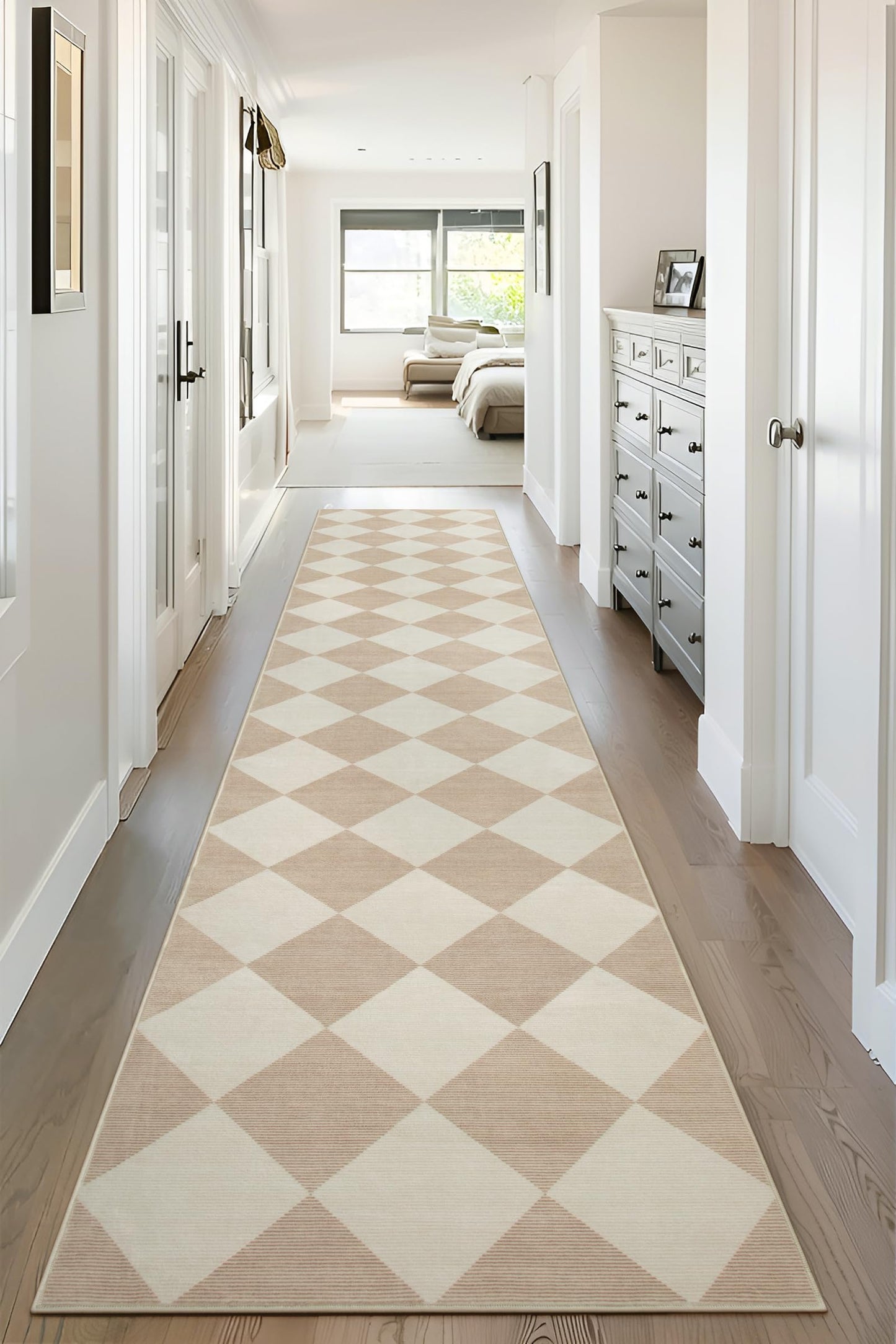 Beeiva Checkered Print Carpet Runners for Hallway 12ft, Beige Neutral Washable Long Hallway Runner Rug 2.5x12, Moroccan Gingham Diamond Carpet Ultra Thin Faux Wool Rug for Kitchen Decor