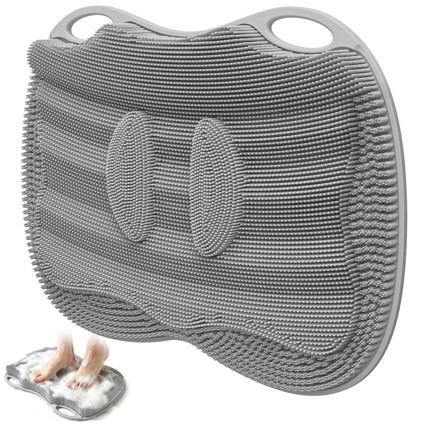 Mabnuby Shower Foot Scrubber Mat XL, Silicone Feet Toes Massage Cleaner -Upgraded Long Brush Pad Without Bending Non-Slip Suction Cups for Foot Bath Bathtub Exfoliate Smooth Skin 17.4x13 Grey