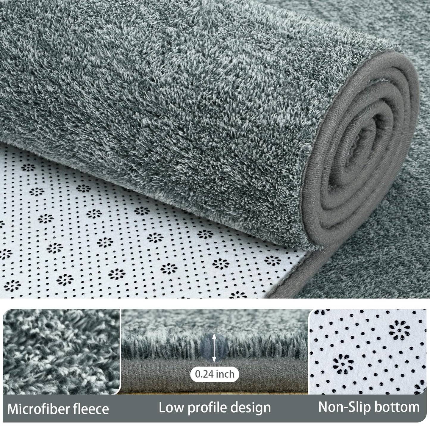 AROGAN Small Washable Area Rugs for Bedroom, 2×4 Runner Rug with Memory Foam for Hallway, Non Slip Fluffy Carpet Indoor Rug Runner for Kitchen, Bedside, Entryway Bathroom Home Decor, Grey