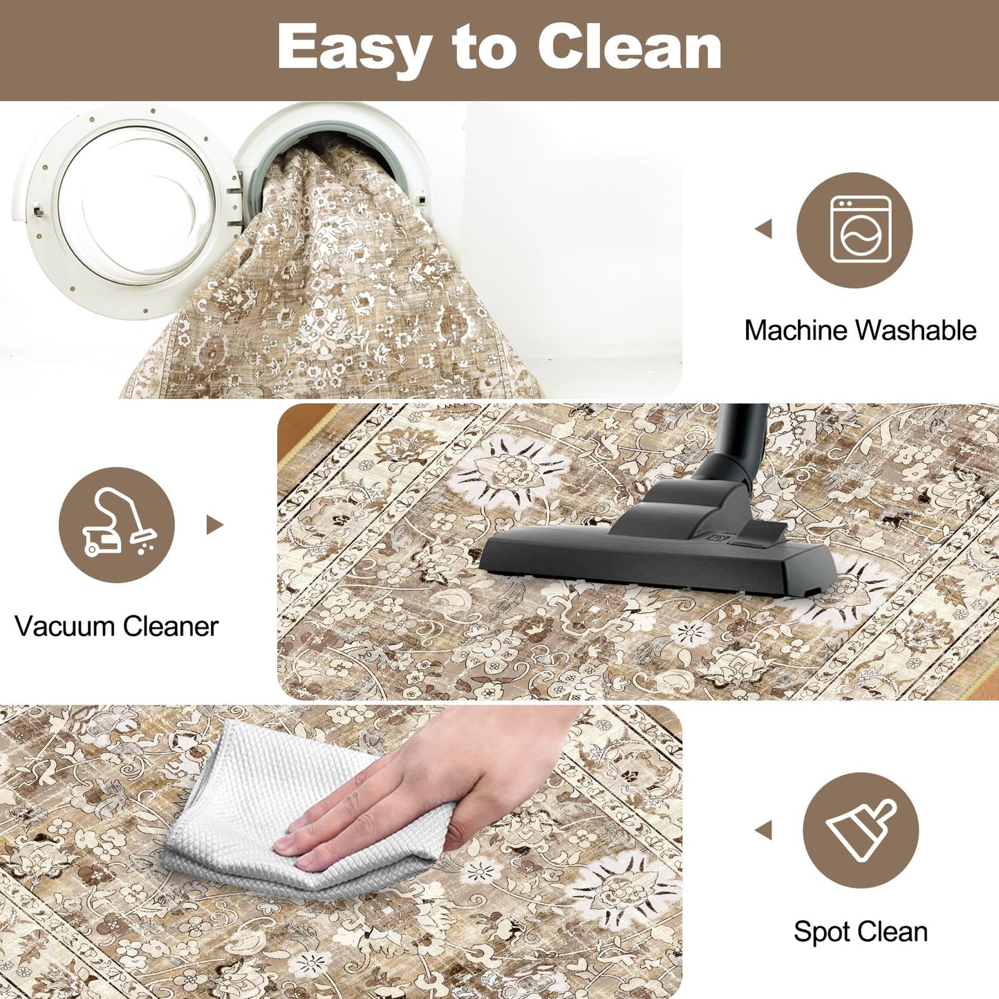 LOKHOM Washable Runner Rug, 2x8 Non-Slip Vintage Hallway Runner Rug with Rubber Backing, Boho Floral Soft Faux Wool Kitchen Rug Carpet Runner for Laundry Entryway Bedroom (Beige Brown)