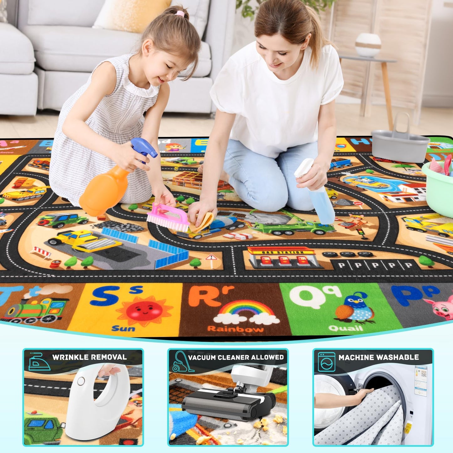 Diysani Construction Site Rug 6x9FT Car Rug Play Mat Non-Slip Car Carpet for Kids Washable ABC Alphabet Playroom Rugs for Kids Playroom