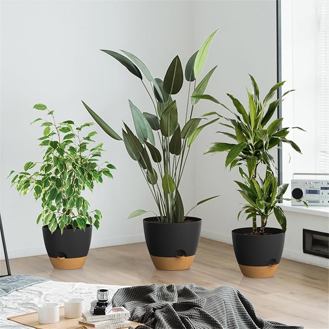 ZMTECH 9/10/12 Inch Plant Pots Sets, Selfwatering Planters with Drainage Holes Saucers for Indoor Outdoor Plants, Plastic Flower Pots for House Kitchen Window Garden(Black, 3 Pack)