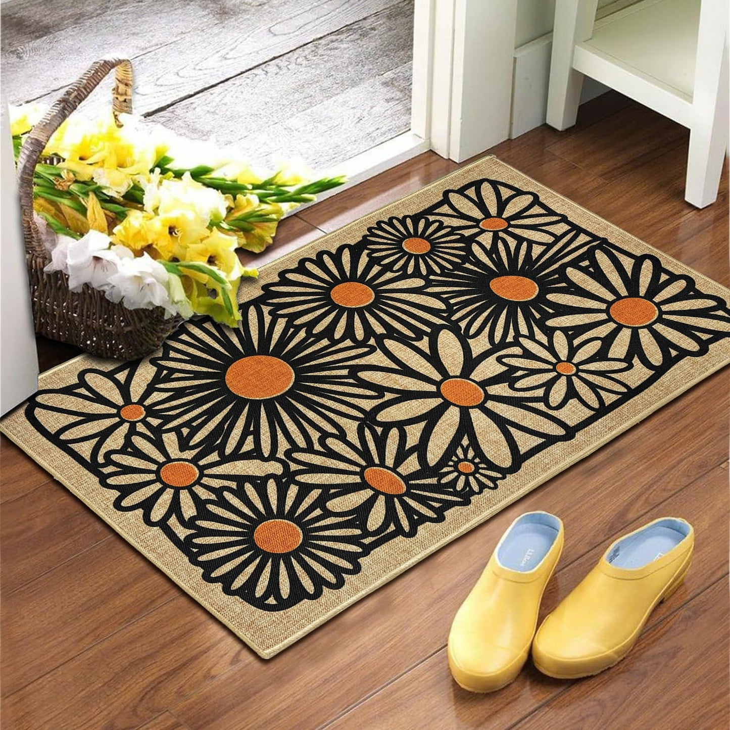 Welcome Mats Front Door Mats for Outdoor Indoor Entrance Non-Slip Backing Doormat for Housewarming Gifts Durable Daisy Flower Floor Mat Summer Home Rugs for House Farmhouse Kitchen Hallway 16.9"x29.9"