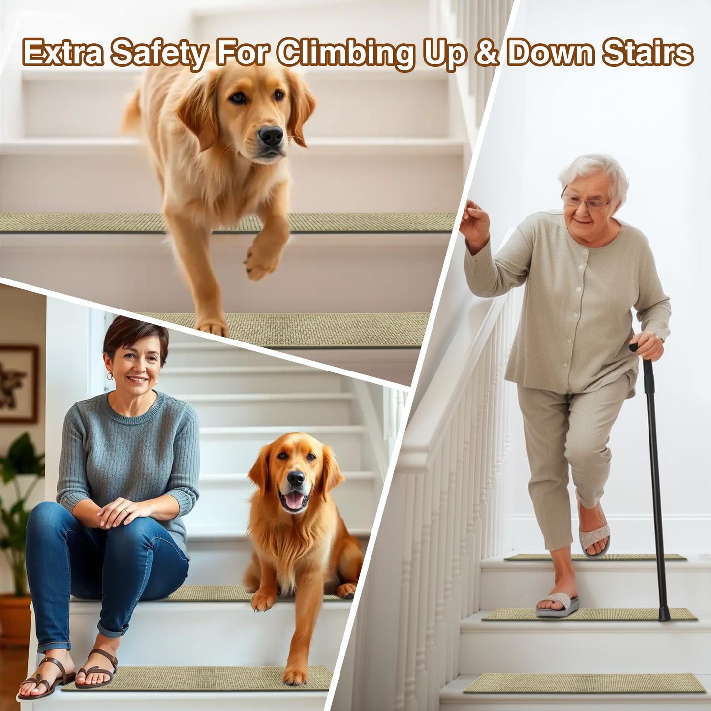 Stair Treads for Wooden Steps,Washable Peel and Stick Stair Tread Covers,Reusable Carpet Stair Treads Runner Rugs for Kids/Elders/Pets (Khaki, 4Pack 8"X30")