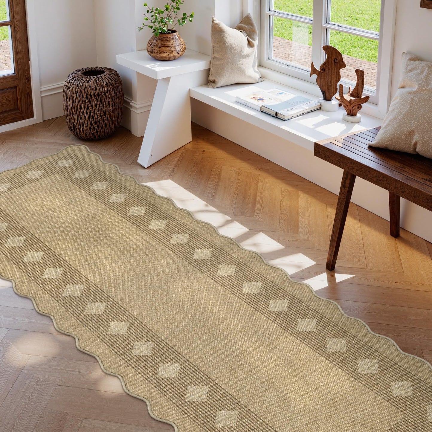 LIVEBOX Easy Jute Diamond Runner Rug for Kitchen, Scalloped Washable 2x8 Tan Rugs for Hallway Entryway, Geometric Checkered Indoor Outdoor Non Slip Rug Farmhouse Carpet Area Rugs for Porch Floor Mat