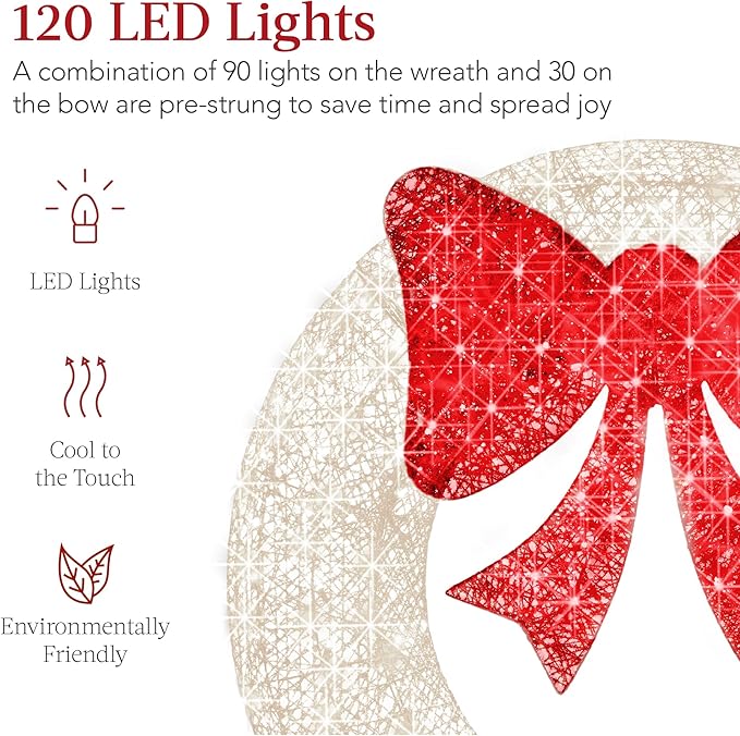 Best Choice Products 36in Pre-Lit Outdoor Christmas Wreath Decoration, LED Metal Holiday Decor for Home w/ 120 Lights, Bow - White/Red