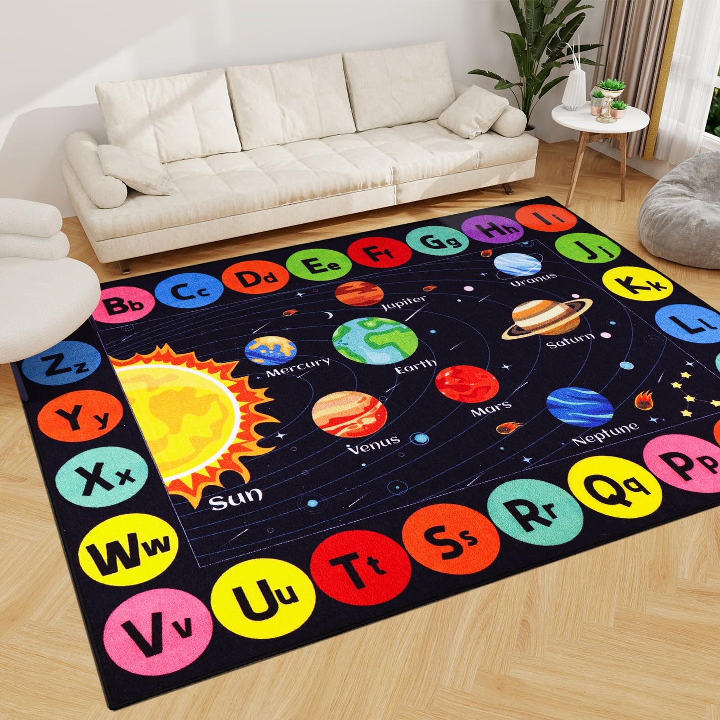 AKASISRUG Outer Space Kids Rug Carpet for Playroom, ABC Educational Learning Area Rug, Non-Slip Solar System Road Play Play Rug for Kids Bedrooms, Classroom, Room Decor (Black, 59X39.4 INCH)
