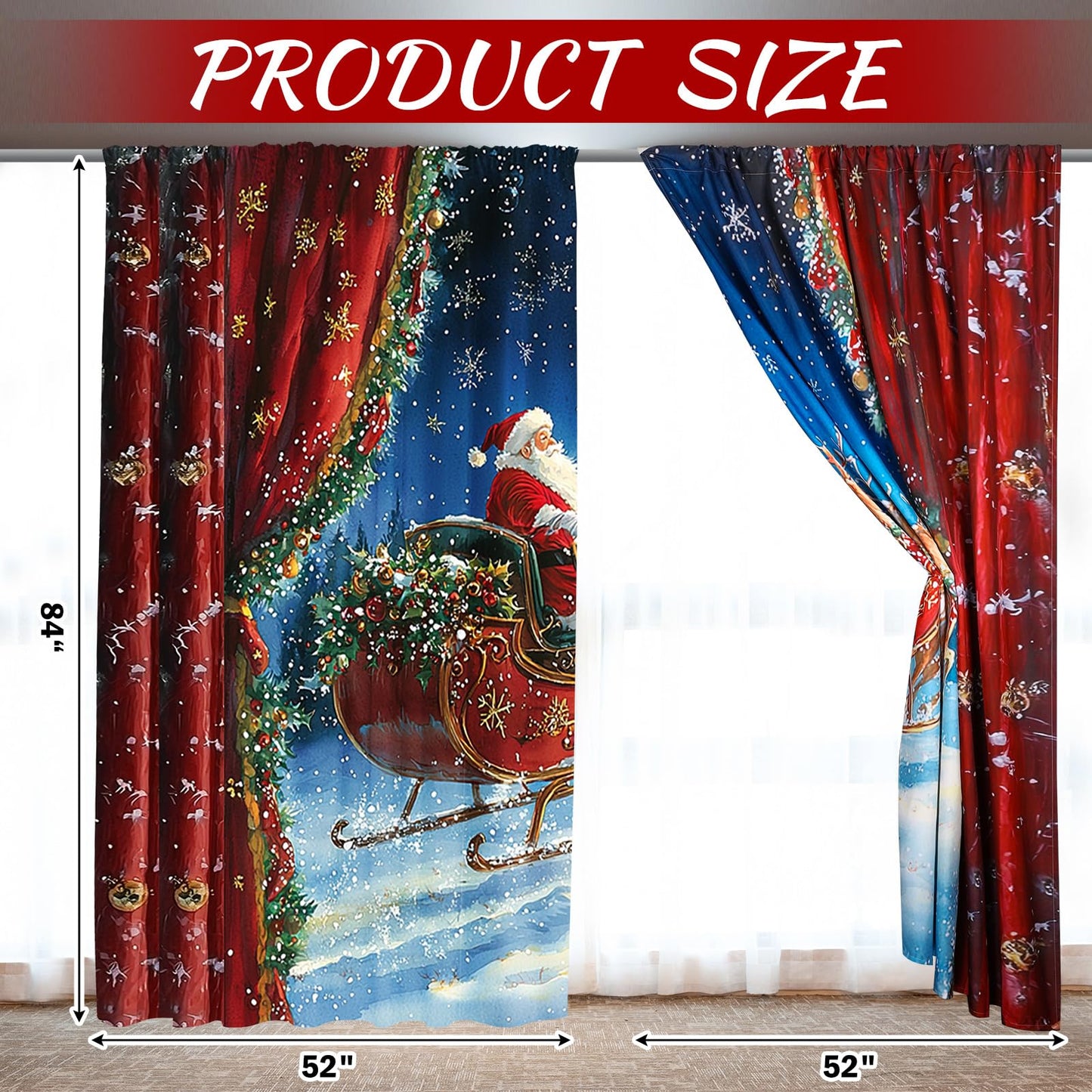 Fanfanwin Christmas Window Curtains 52" w x 84" l Santa Reindeer Curtain Farmhouse Xmas Santa Claus Sleigh Decorative Window Drapes for Holiday Living Room Bathroom Home Decoration