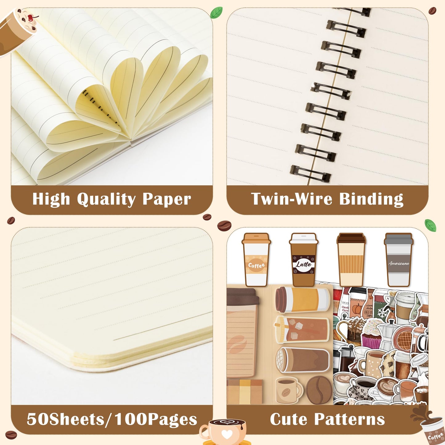 B1ykin Notebook Sticky Notes Stationery Set, 5Pcs A5 Spiral Notebooks with Sticky Notes Neutral Pen Stickers Magnet Bookmarks for Office School Students Birthday Supplies Gift (Coffee)
