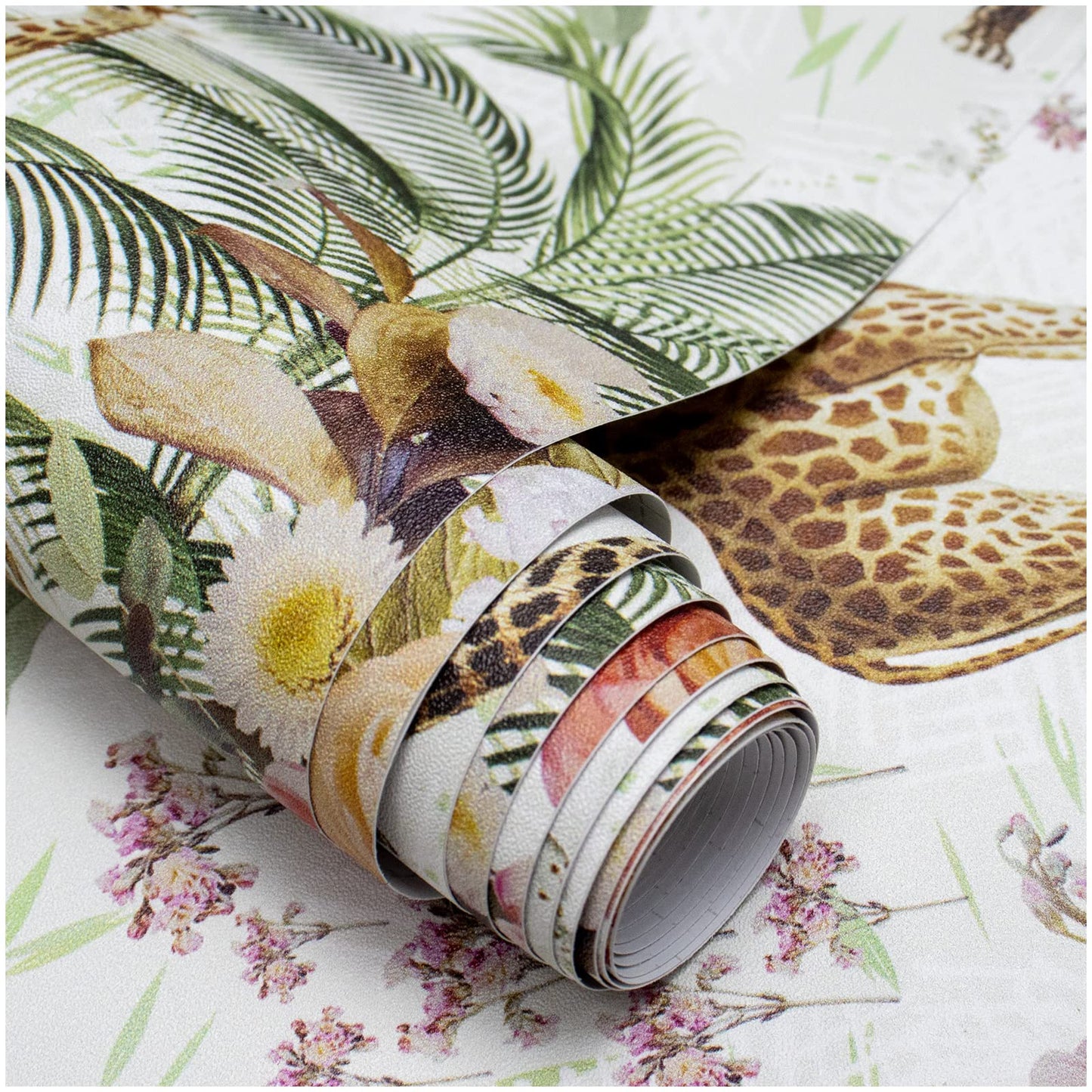 HAOKHOME Forest Peel and Stick Floral Wallpaper Jungle Animal Removable White/Green/Pink Vinyl Self Adhesive Mural 17.7in x 9.8ft