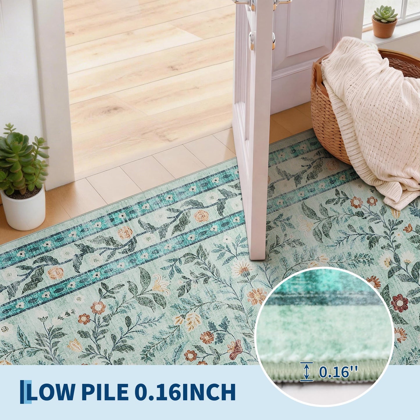 Garvee Area Rug 5x7 for Living Room, Washable Floral Low Pile Rug, Soft Non Slip Carpet for Living Room, Bedroom, Dining Room, Light Green