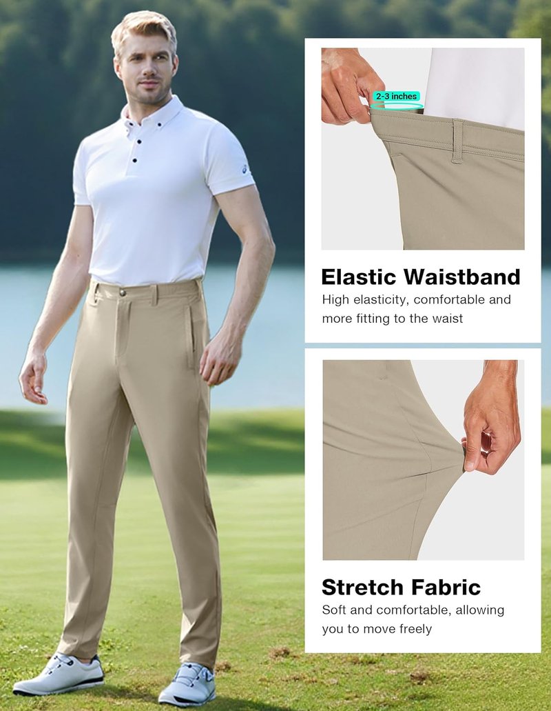 Golf Pants for Men - Lightweight Stretch Slim Fit Hiking Trousers with Zipper Pockets | Casual Tapered Design