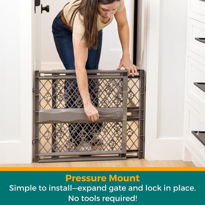 MYPET Paws Portable Pet Gate: 26-40" Wide Expandable, Pressure Mounted No Tools Needed, Durable Dog Gate for Doorways, Made in USA, 23" Tall, Fieldstone Gray