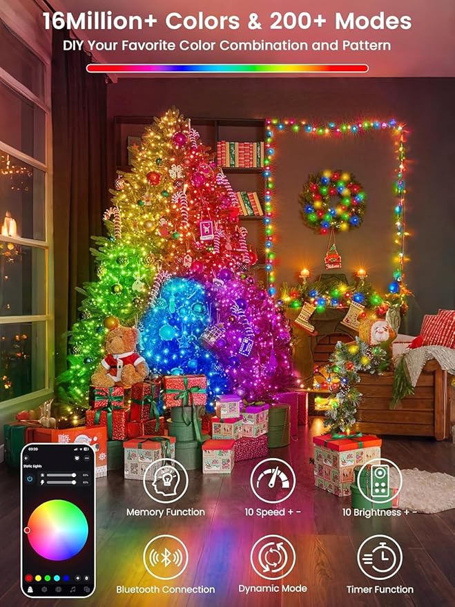 600LED Smart Color Changing Halloween Lights App Controlled, 208FT Waterproof RGB Xmas String Light Music Sync Multiple Modes, Christmas Lights with Remote & Timer Indoor Outdoor Halloween Decorations