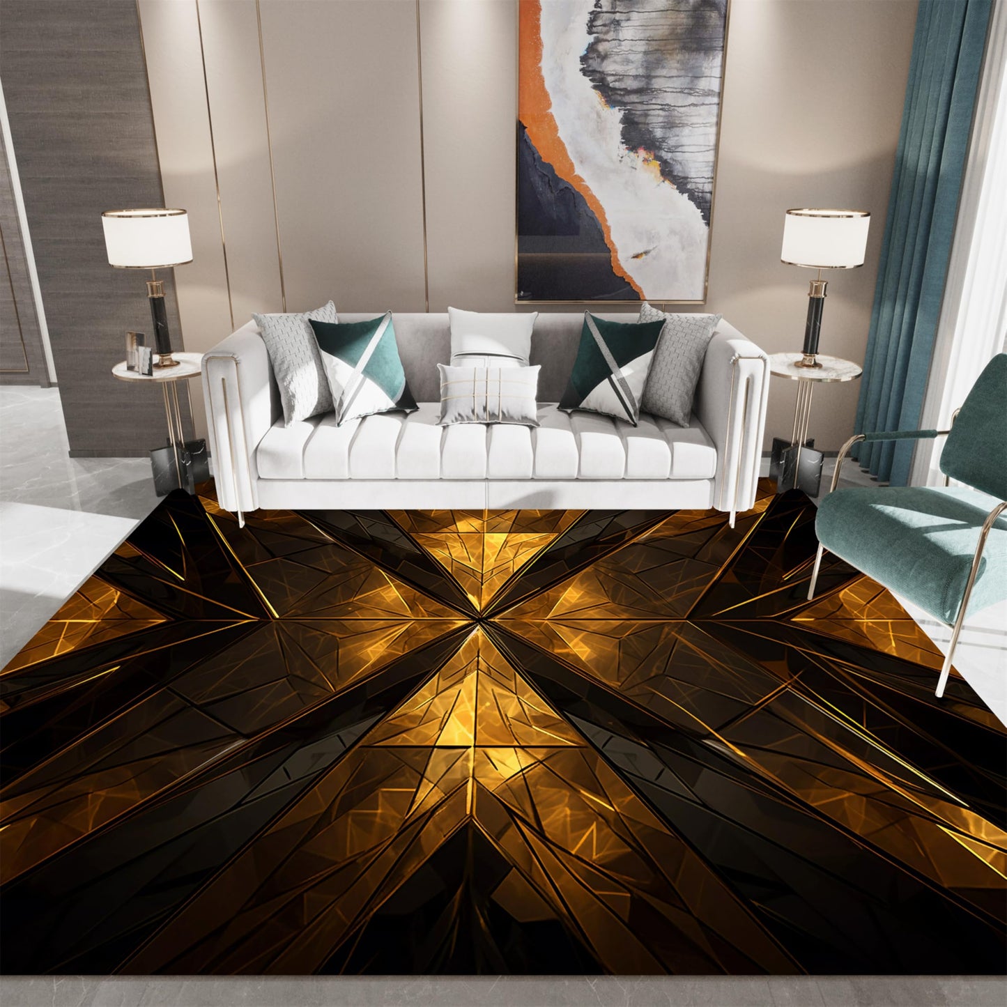 Modern Abstract Rug, Soft Non-Shedding Washable Rug, Gilt Dimensional Folded V Pattern with Non-Slip Backing, Low Pile Floor Mat Indoor Rug, Gold Rugs Gray Rugs 2x3ft