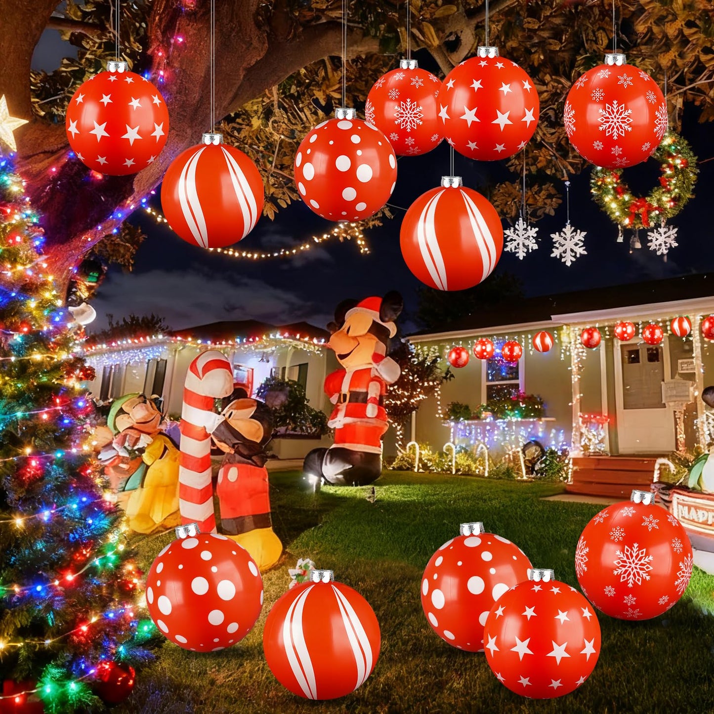 12PCS Inflatable Christmas Balls 12inch Large Outdoor Christmas Inflatable Balls Red White PVC Xmas Hanging Ornaments Decor for Xmas Holiday Lawn Yard Front Door Decorations