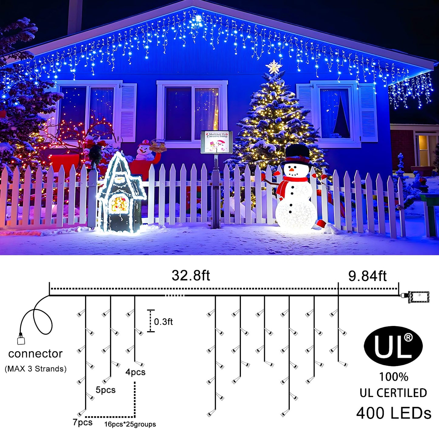 Einiiya Icicle Christmas Lights Outdoor, 33 FT 400 LED Icicle Lights for Outside 8 Modes with 75 Drops, Plug in Waterproof Hanging Christmas Light for Holiday Pavilion Balcony Decorations, Blue