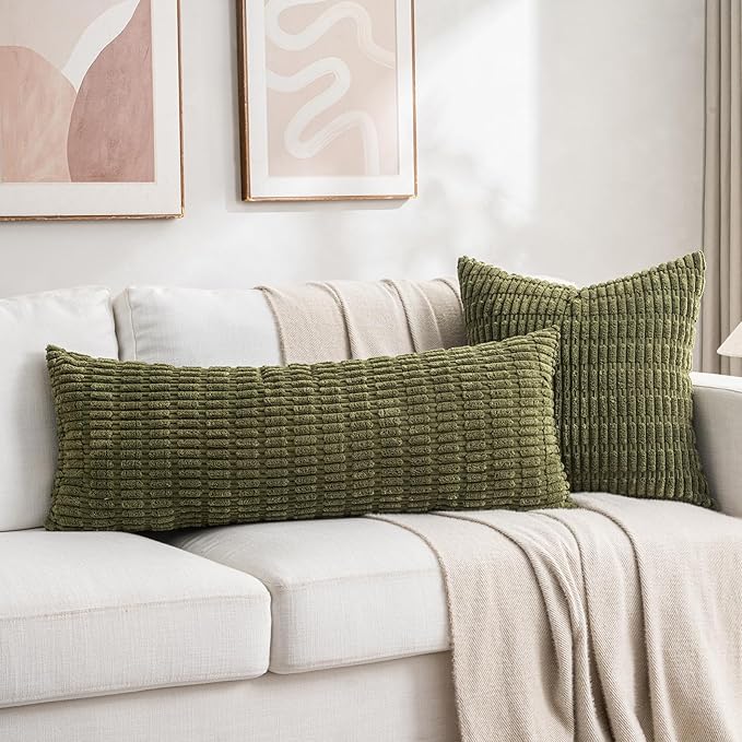 Fancy Homi 1 Pack Moss Green Long Lumbar Body Decorative Throw Pillow Covers 14x36 Inch for Bed Couch Bedroom Bench, Soft Corduroy Rectangle Solid Pillow Case 35x91 cm, Rustic Farmhouse Boho Decor