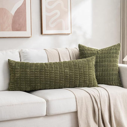 Fancy Homi 1 Pack Moss Green Long Lumbar Body Decorative Throw Pillow Covers 20x54 Inch for Bed Couch Bedroom Bench, Soft Corduroy Rectangle Solid Pillow Case 50x137 cm, Rustic Farmhouse Boho Decor