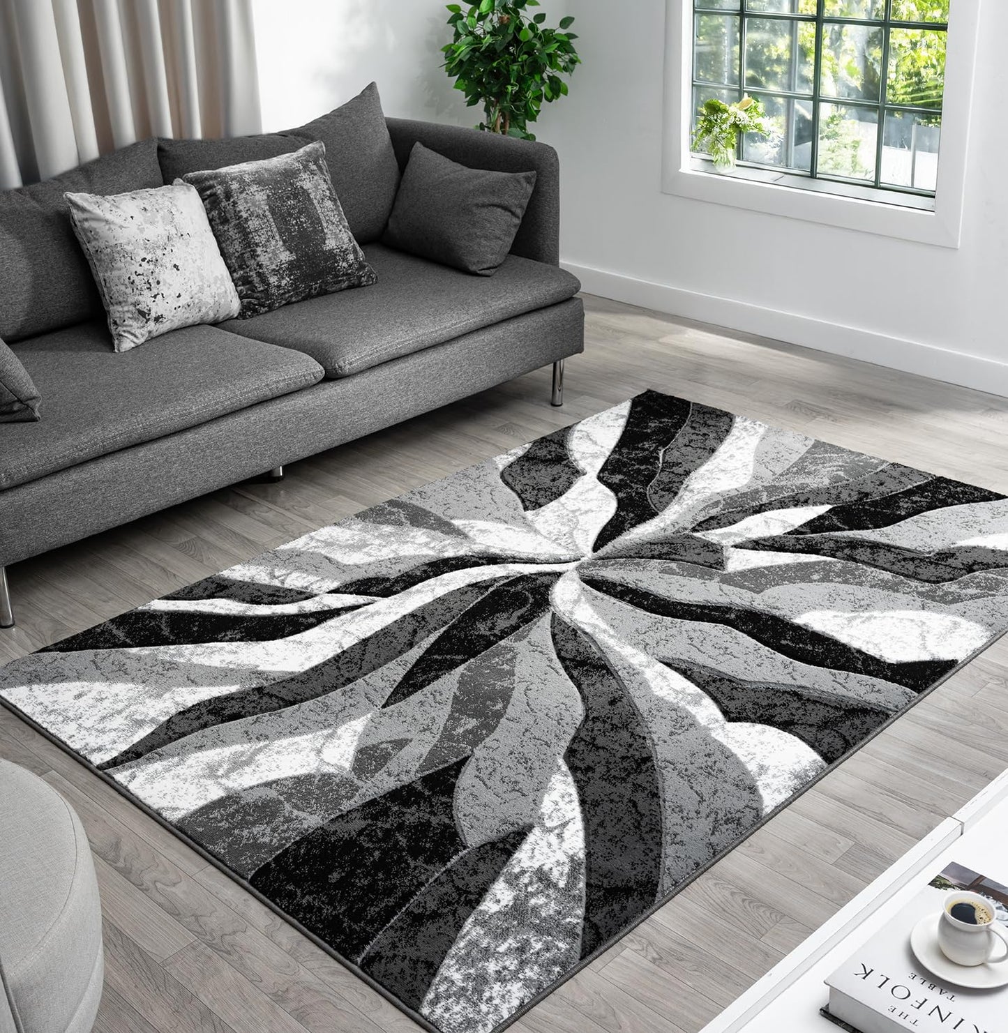 Modern Abstract Area Rug Hand Carved Contemporary Geometric Swirls Vibrant Colors Carpet for Living Room Bedroom Design PR1002 (Grey, 5' x 7')