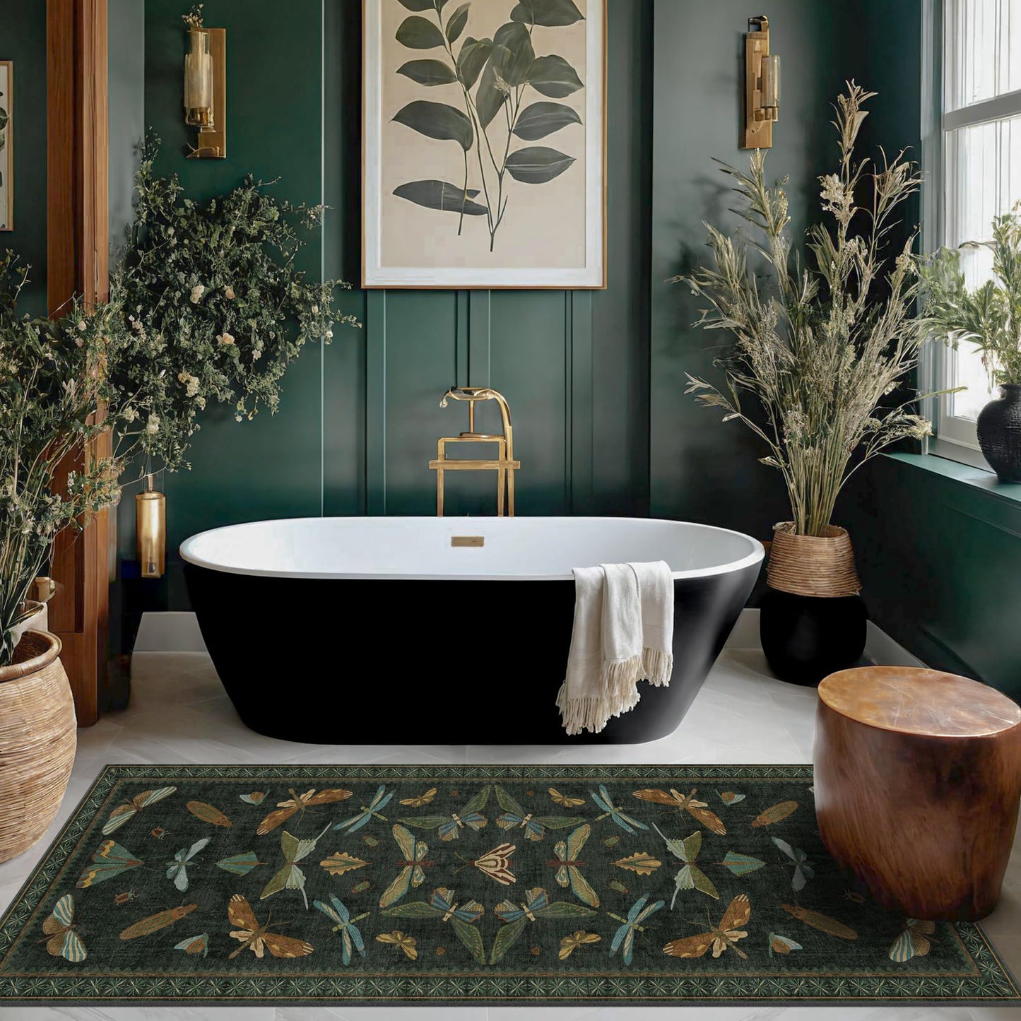 Hazo Haus Washable Insect 2x6 Runner Rug for Hallway- Stain Resistant Kitchen Runners, Floral Whimsical Indoor Floor Mat for Bathroom, Soft Non Slip with Rubber Backed, Dark Green