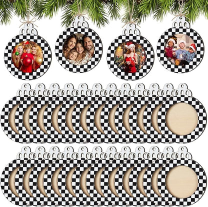 24 Pcs Christmas Pictures Frame Ornaments Bulk Black and White Photo Frames Ornaments Wooden Checkered Christmas to Put Pictures in Stocking Stuffers