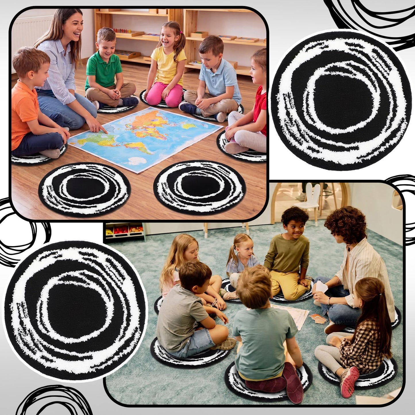 Teenyyou 6 Pcs 16" Black Fluffy Round Classroom Rug Elementary Sampler Abstract Educational Fuzzy Plush Area Rug Kid Room Children Classroom Carpet Playroom Learning Black Round Flexible Seat