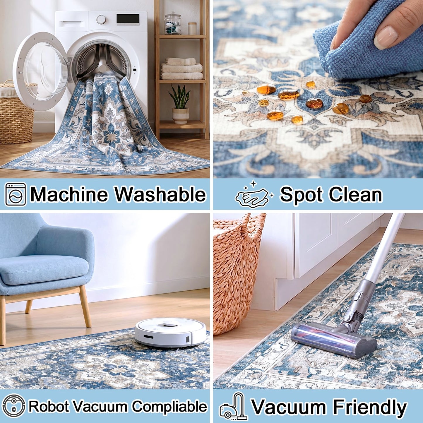 Cnythlis Washable Area Rug 9'x12', Non-Slip 0.3" Low Pile Rug for Living Room Bedroom, Pet Friendly Boho Farmhouse Floral Carpet, Stain Water Resistant, Extra Large, Slate Blue & Ash Gray