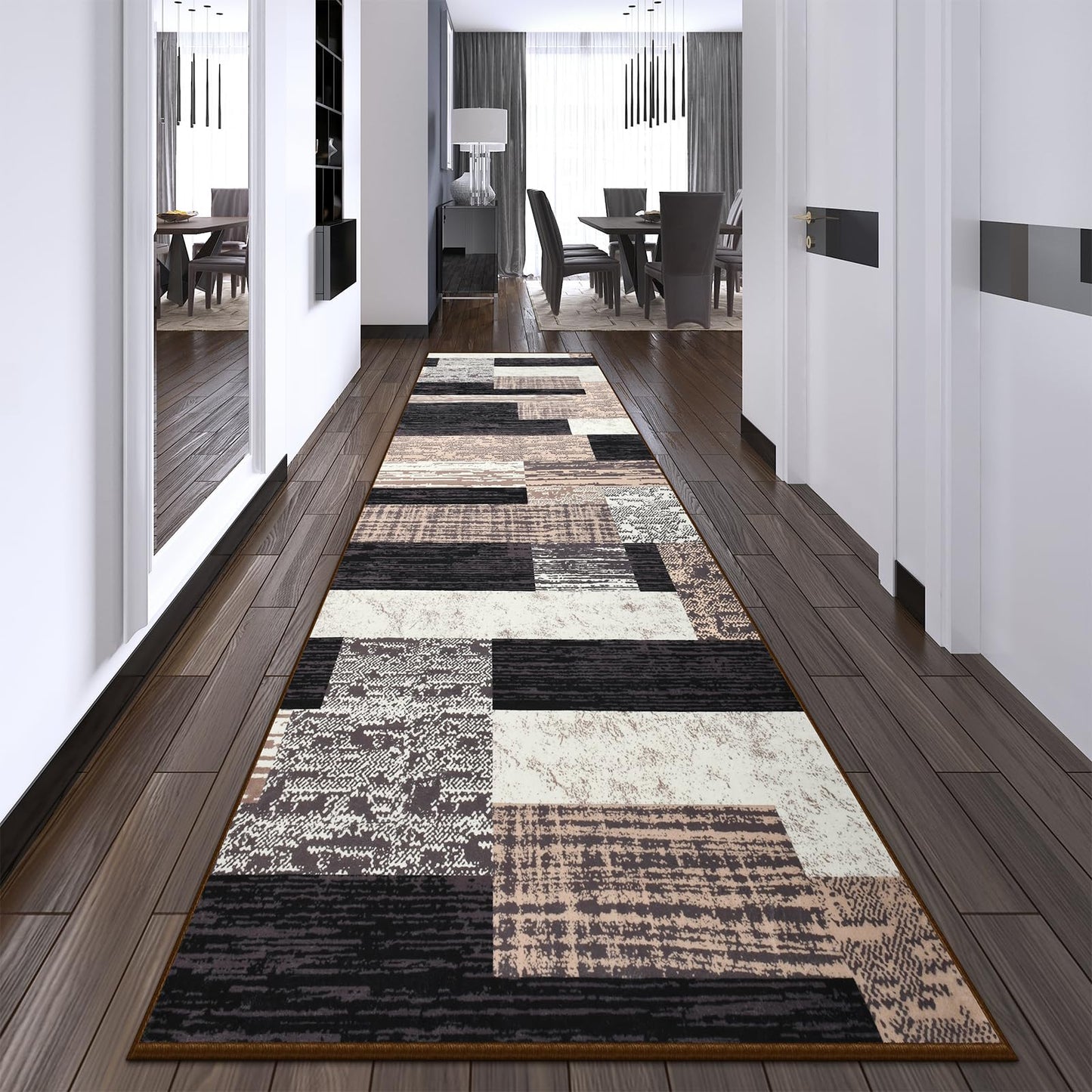 Indoor Runner Rug, Washable Runner Rug with Rubber Backing, Modern Geometric Patchwork Aesthetic Carpet for Bedroom, Living Room, Hallway, Entryway, Washable Rugs Rockwood Collection,2.7x8Ft Chocolate