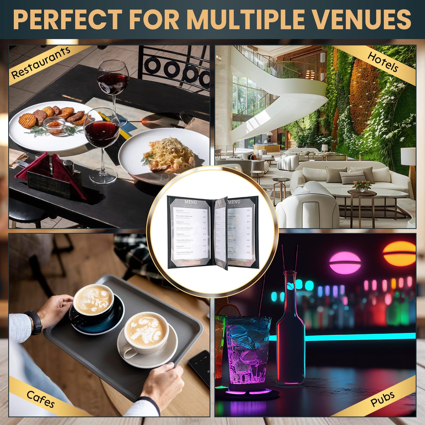 AMGSH 4 View 10 Pack Menu Holder Menu Covers 8.5" x 11" | Certificate Holder Diploma Holder Black Leather Menu Sleeves Book Style for Restaurant Coffee Bars Wine List Fit for Letter Size Paper