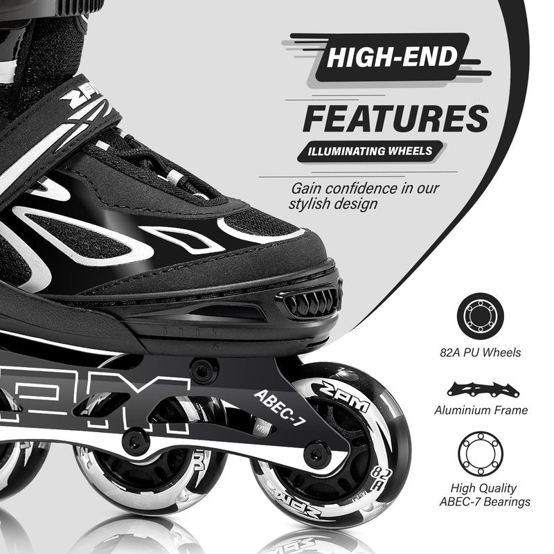 2PM SPORTS Vinal Girls Adjustable Flashing Inline Skates, All Wheels Light Up, Fun Illuminating Skates for Kids and Men - Sliver M