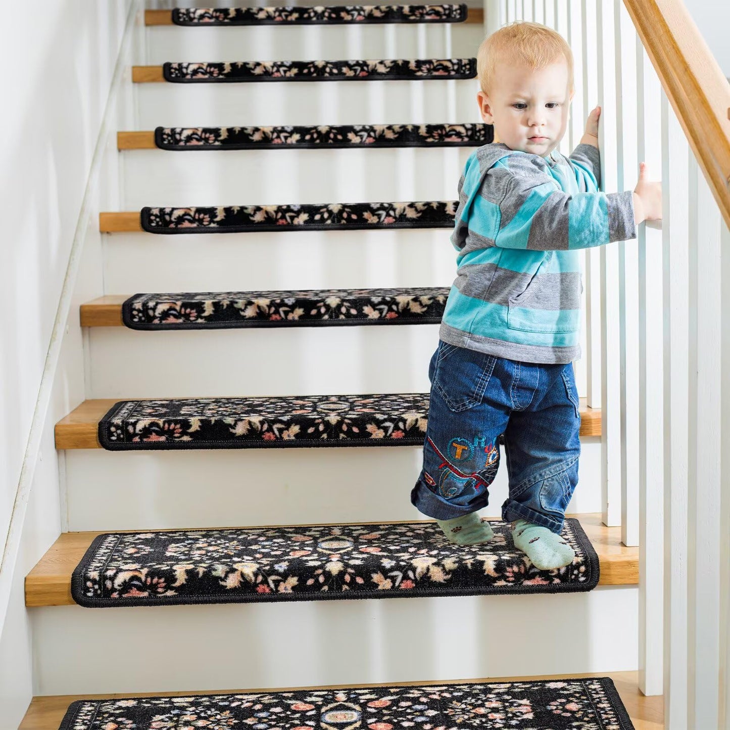 RORA Bullnose Carpet Stair Treads Non-Slip Stair Treads for Wooden Steps,Washable Stair Carpet,Floral Stair Rugs,Runner Indoor Stair Mats for Pets Elder,14pcs,29.5 ''x9.5 ”x1.5 '',Black