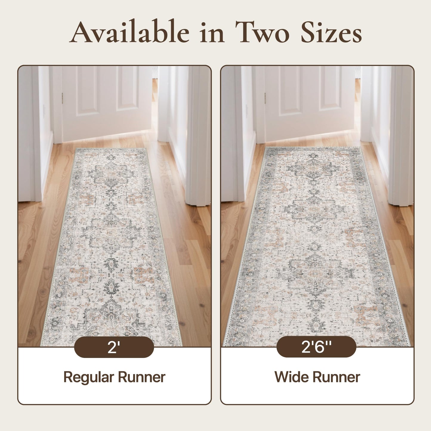 GENIMO 2'6''X6 Runner Rug Non Slip, Machine Washable Hallway Runners, Low Plie & Thin Vintage Rug for Hallway, Kitchen, Laundry, Entryway, Bedroom & Living Room, Light Taupe Brown