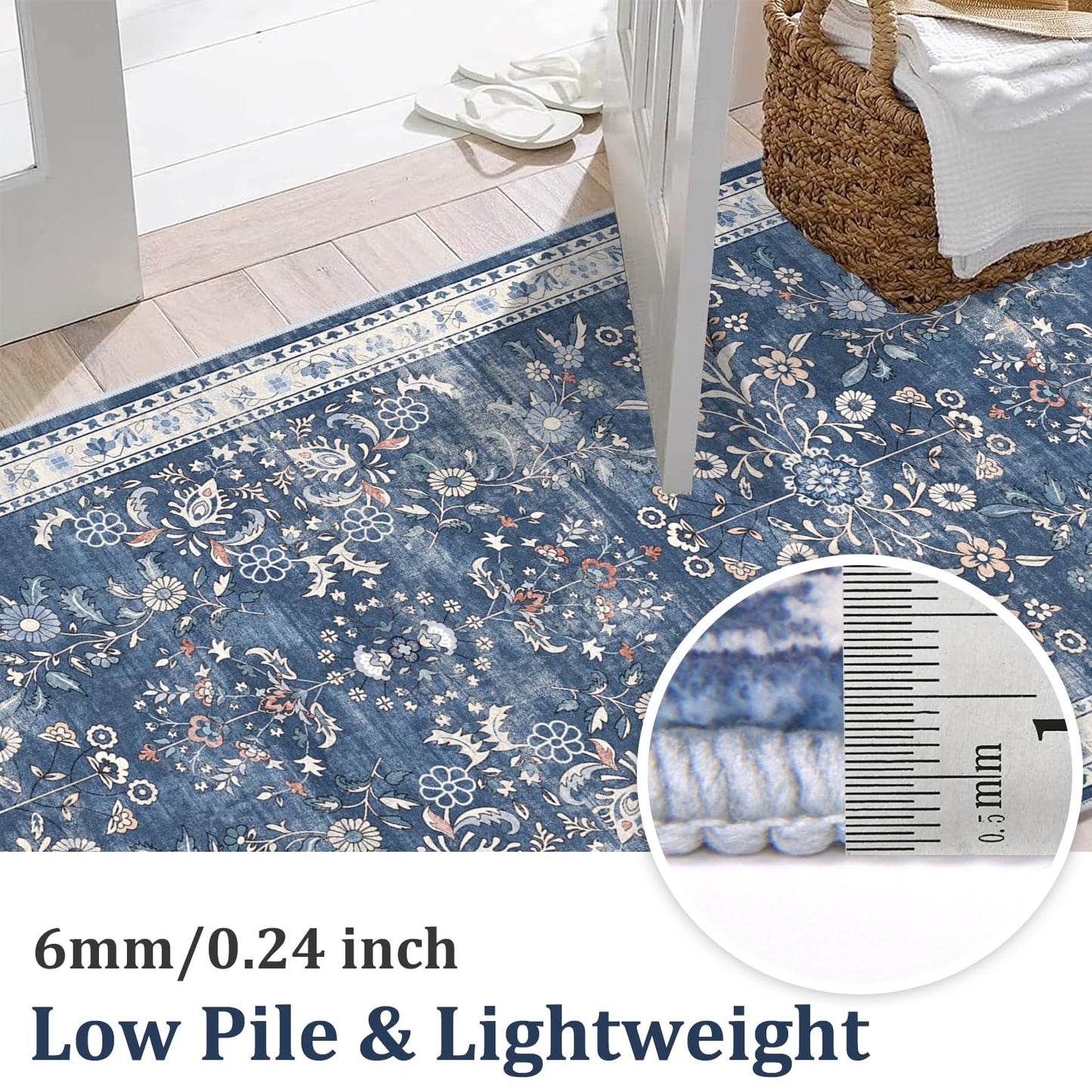 Yamaziot Washable Runner Rug 2x8 – Non Slip Boho Floral Hallway Runner Rug with Rubber Backing, Low Pile Wool Distressed Carpet for Kitchen, Laundry, Bedroom, Entrance, Blue