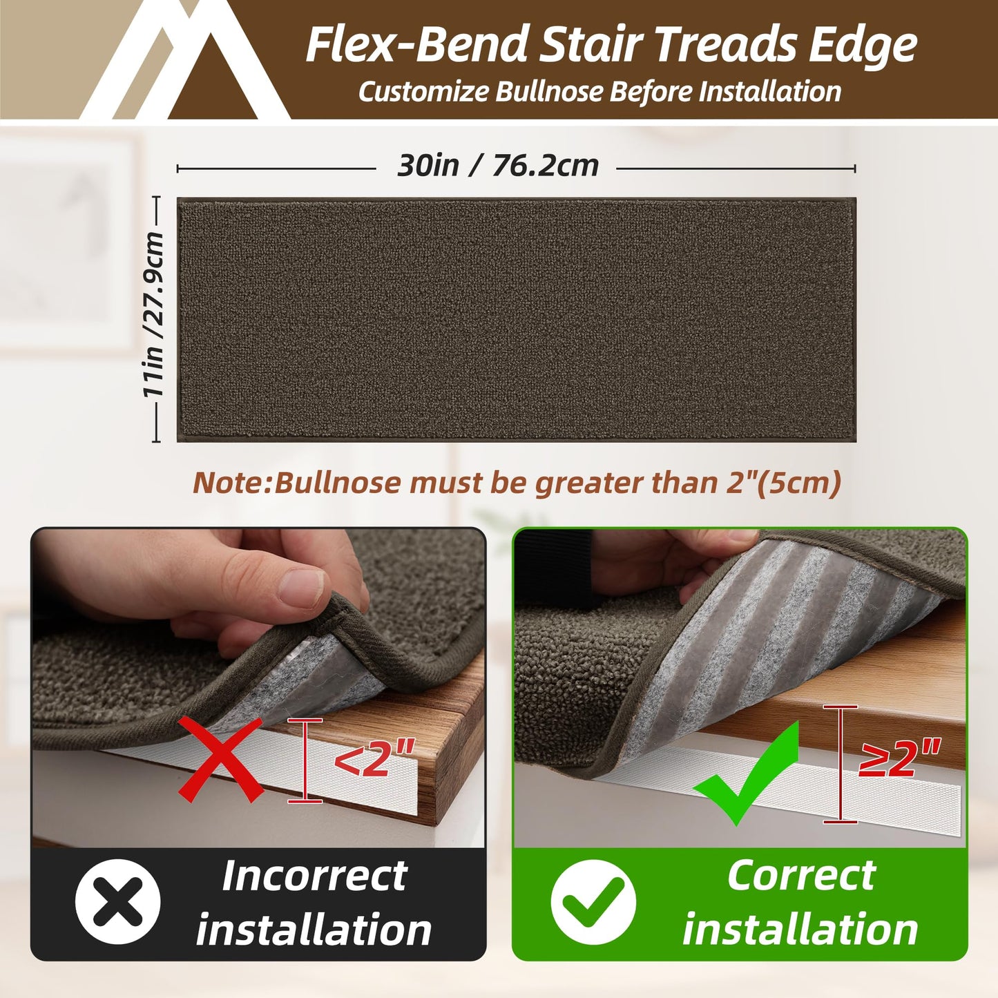 COSY HOMEER Bullnose Carpet Stair Treads, Peel and Stick Non-Slip Stair Treads for Wooden Steps, 11" x 30" Indoor Stair-Runner Rugs (4Pc, Gray)