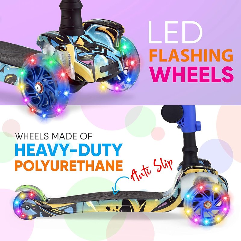 Kids Scooter - Adjustable Height 3-Wheel Kick Scooter with Foldable Seat & Flashing Lights | For Ages 1-12