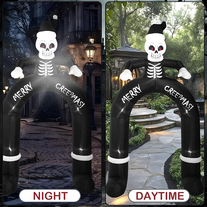 10FT Skeleton Santa Arch Inflatable Decoration, Yard Decoration with LED Lights, Outdoor Inflatable Decoration for White Christmas, Halloween, Outdoor Lawn, Garden, Party