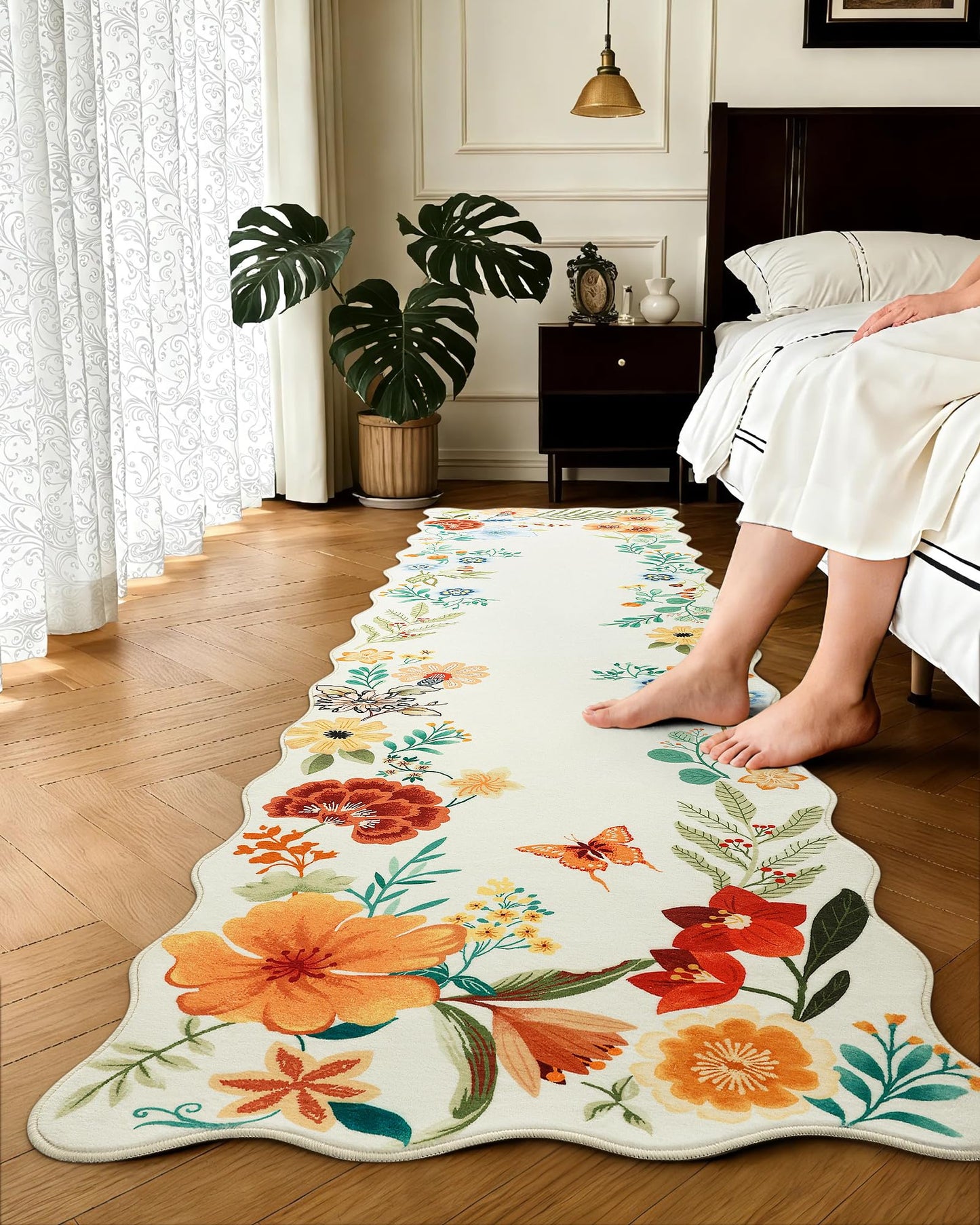 Carvapet 2x8 Runner Rug - Scalloped Edges Floral Botanical Carpet, Creamy Beige Washable Unique Wave Edge Runner, Low Pile Non-Slip Floor Mat for Hallway Kitchen Laundry Room