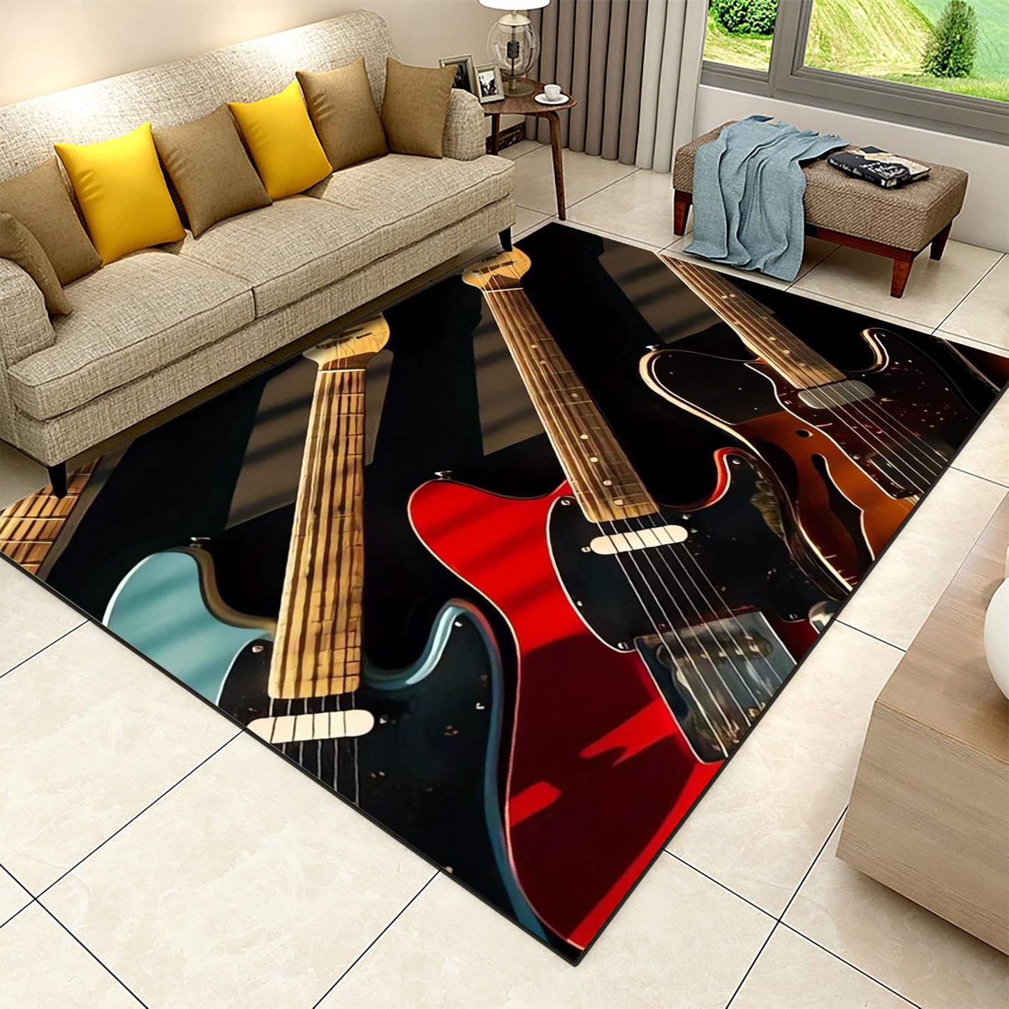 Musical Instrument Carpet for Bedroom, 5x6ft, Electric Guitar Bass Music Classroom Carpet, Durable Home Decorative Rugs, Low Pile No Crease Washable Area Rug for Living Room Runner