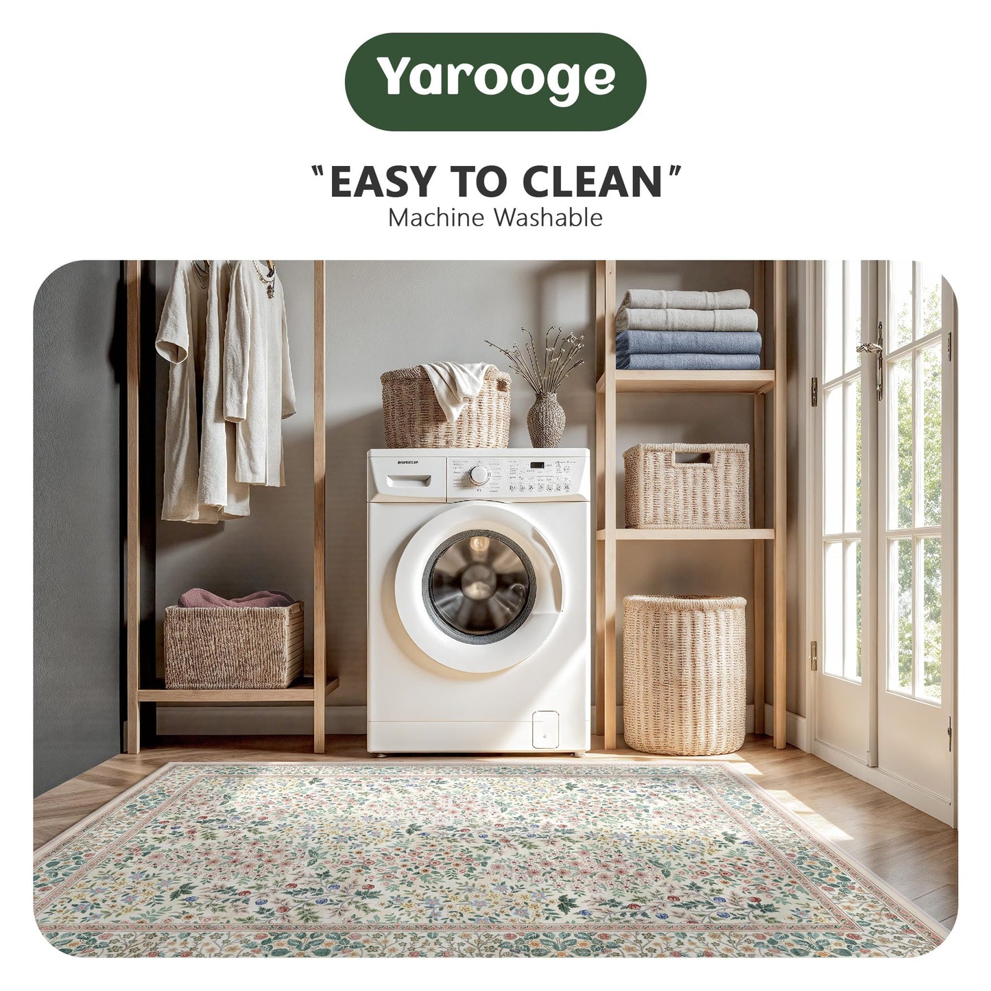 Yarooge 8x10 Area Rugs, Machine Washable Low Pile Floral Rugs for Living Room, Bedroom, Large Boho Area Rug with Non-Slip Backing for Dining Room(Pink Floral)