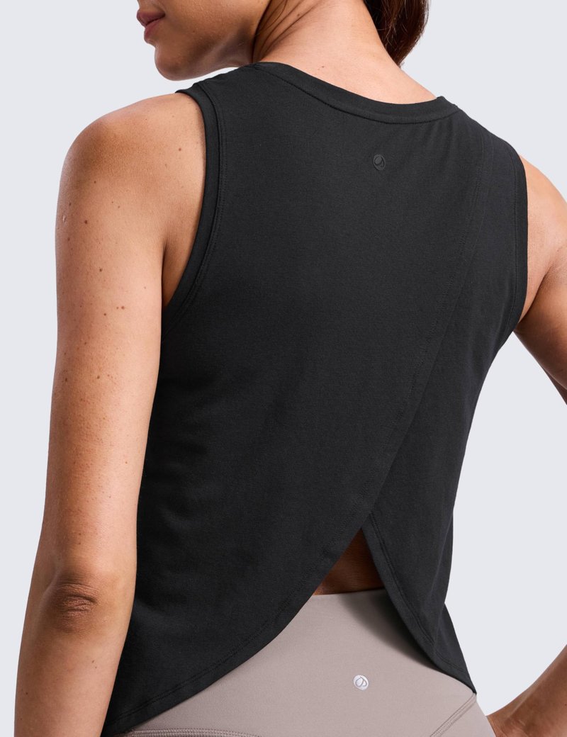 CRZ YOGA Cotton-Blend Split Open Back Tank Tops for Women - Workout Athletic Gym Casual Crewneck Sleeveless Shirts Black Medium
