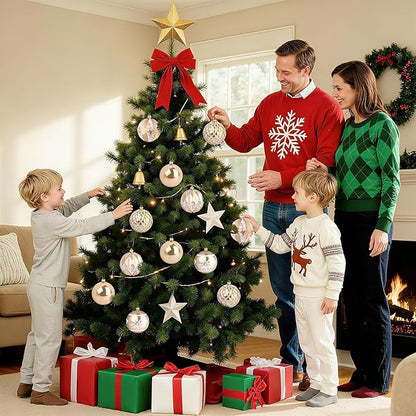EveryMerry 24-Pack 3.1 Inch Christmas Ornaments Set - Champagne White Ornament Balls with 5 Various Designs with Strings, Sturdy, Kraft Box with Lid for Xmas Tree, Holiday Party & Home Decor