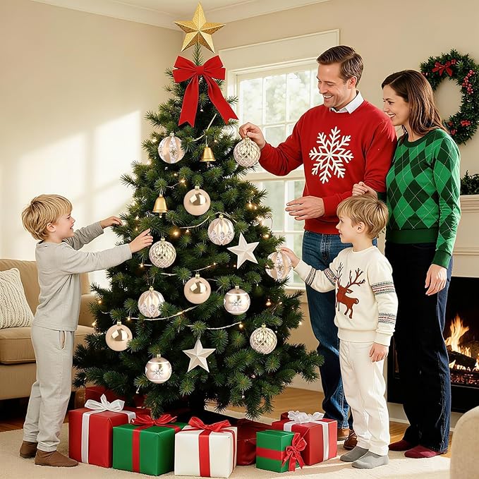 EveryMerry 12-Pack 3.15 Inch Christmas Ornaments Set - Champagne White Ornament Balls with 5 Various Designs with Strings, Sturdy, Kraft Box with Lid for Xmas Tree, Holiday Party & Home Decor